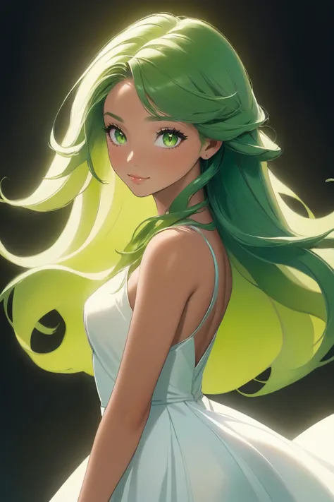 "Portray Renã, a character from a divine and mystical universe, with her distinctive features and unique personality. She has long, flowing green hair that cascades elegantly down her back, with strands gently molded around her face, highlighting her inten...