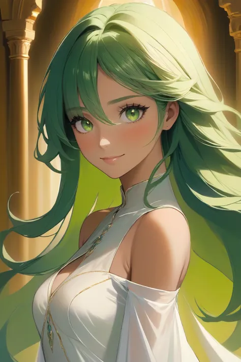 "Portray Renã, a character from a divine and mystical universe, with her distinctive features and unique personality. She has long, flowing green hair that cascades elegantly down her back, with strands gently molded around her face, highlighting her inten...