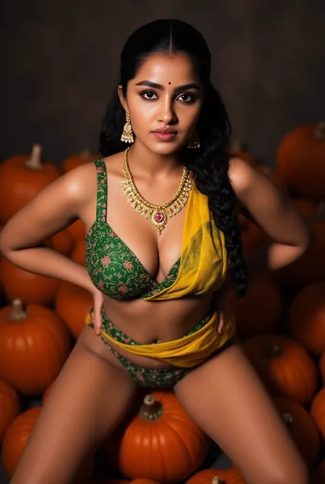 night scene, extreme close up photo of sexy indian from top view, big cheeks, curvy, hourglass figure, swooping breasts, deep cleavage, open arms, sexy armpits, nipples, navel, erotic standing on big pumpkins with wide open spread legs, ponytail, necklace,...