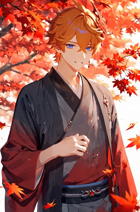 1boy, male focus, tartaglia (genshin impact), orange hair, blue eyes, single red earring, intricate male kimono, red autumn leaves, maple trees, masterpiece, best quality, amazing quality, very aesthetic, absurdres, modern, recent, newest