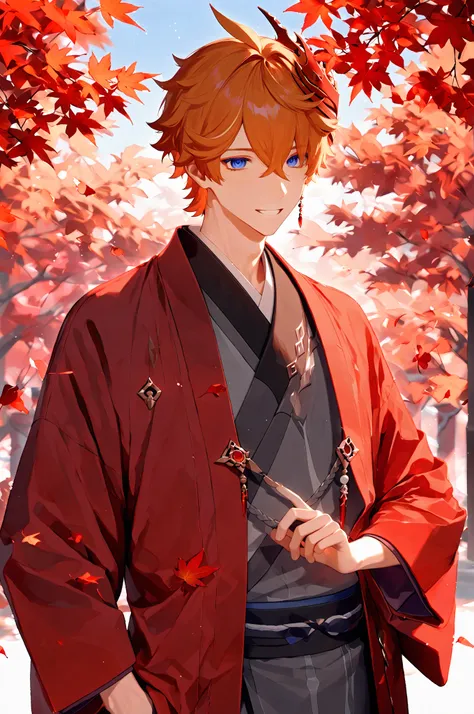 1boy, male focus, tartaglia (genshin impact), orange hair, blue eyes, single red earring, intricate male kimono, red autumn leaves, maple trees, masterpiece, best quality, amazing quality, very aesthetic, absurdres, modern, recent, newest