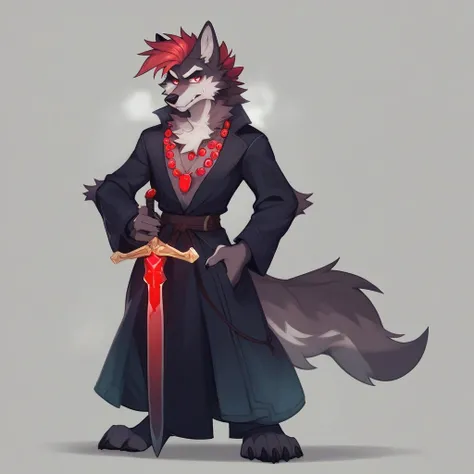 RPG character avatar. Full-body. Single character. Cartoon stye.Anthropomorphic male wolf. Full-body character. Wolf-like snout and nose. Entire body covered in wolf-like fur. Mohawk-style hair, with one eye partially covered by bangs. Hair color is vibran...