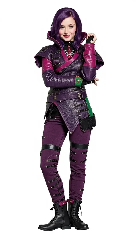 Based on this character in the photo,  A  girl with bright purple hair up to her shoulders ,  hairstyle with a rebellious but adorable style .  She wears a leather suit in shades of purple and black with metallic details and studs ,  adapted to their age -...