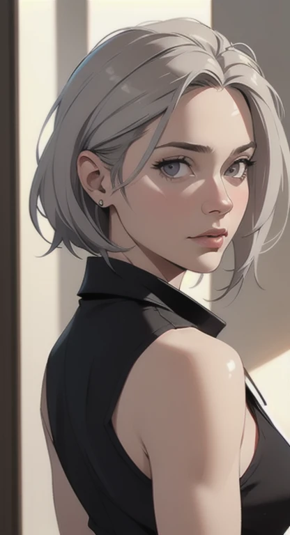 Extremely realistic shading, masterpiece, extremely detailed, photorealistic, best quality, masterpiece, grey hair, grey eyes, looking at viewer, upper body, woman,