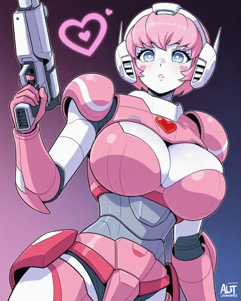 Women with short pink hair, light blue eyes, heart-shaped face, white skin, perfect hourglass figure, large breasts, large breasts, huge milksThe highlight of the image is wearing Arcee armor, emphasizes the original color and shape of the body, the armor,...