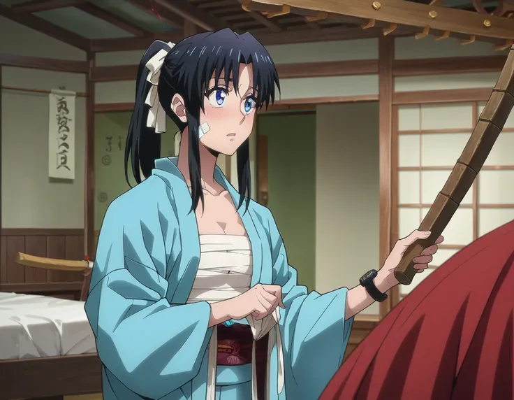  score_9,  score_8_ up the side,  score_7_ up the side,  source_Anime,
Scented hair shop , Kaoru Kamiya,  blue eyes,   black hair,
Chest,  kimono,  take off my clothes,  kimono, bandage,  similarly , Exposing, open  kimono, chest Exposing,   Hadanugi Dosa ...