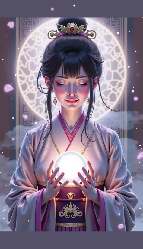 A hyper-realistic, photorealistic depiction of Kukurihime no Mikoto as a real human woman. She is a serene and elegant adult, wearing a refined white and purple kimono with intricate golden embroidery. Her black hair is neatly styled in a traditional manne...