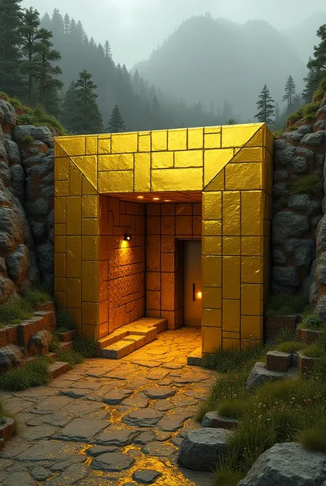 A bunker under the ground opening, Made of gold and Minecraft 