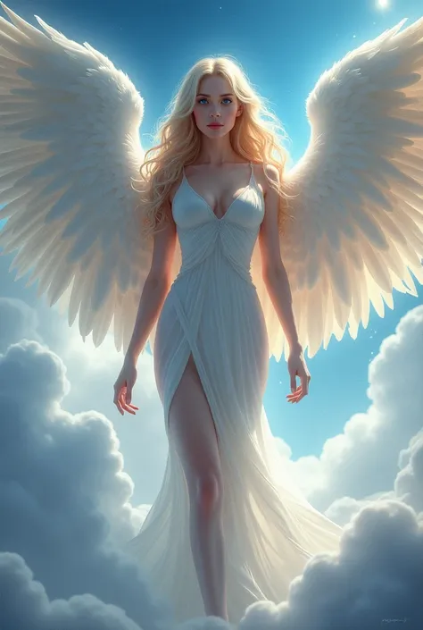 Create a feminine angel with long and large wings,  blue eyes and blond hair ,  and an athletic body  