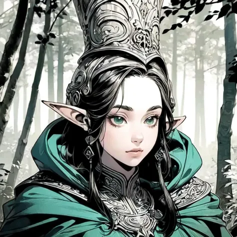  beautiful forest elf ,   pretty face, Beautiful body,  black hair ,  wearing armor, green cape,  in a forest, 8k,   extremely detailed firestone icon ,  ultra realistic