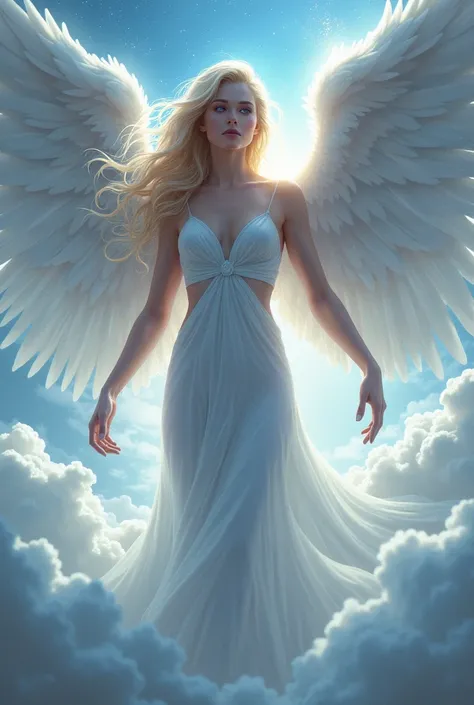 Create a feminine angel with long and large wings,  blue eyes and blond hair ,  and an athletic body  