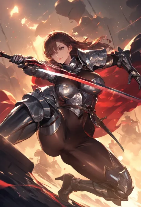 ( top quality, 8k,  Masterpiece: 1.3)), Best Work, 1 female knight, ( depiction of holding a shining red weapon ), Muscular and delicate body , Long brown hair with bangs , Depiction of large saggy breasts , ( bodystocking ),  arm guard,  leg protectors ma...