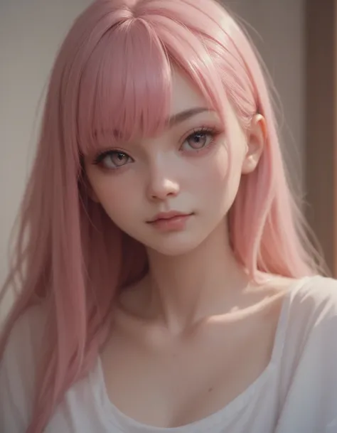 A japanese girl. Pink hair with bangs. Round face 