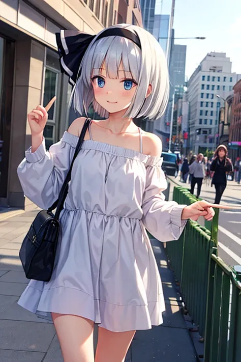 A profile-faced soul youmu in stylish off-the-shoulder plain clothes pointing happily forward in the city