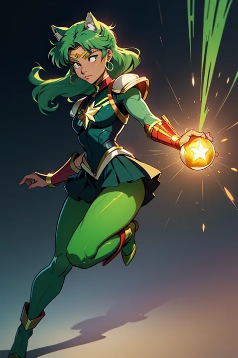 Usagi Tsukino/green Sailor Moon dressed as Captain Marvel,wolf ear,  body suit armor,  gauntlet,  full-body images,  green armor, skirt,anime ,Sailor Moon skirt , use  armor  magic,    african hair locs,  dark-skinned female ager,  green energy  healing  p...