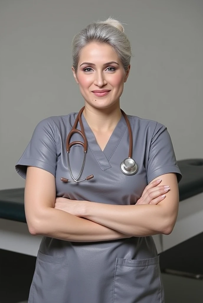 Sexy hot good figure gilf doctor in sexy gray leather surgical dress, silver hair tied up in a tight bun, brown stethoscope hanging around her neck, standing behind a leather exam table, hands crossed across chest, 55 years old, serious expression 