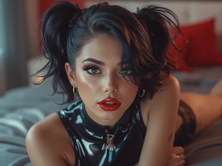 deep red lips, lip gloss, shiny lips, eyeliner flicks, thick eyeliner, latex outfit, cute makeup, black hair, bedroom