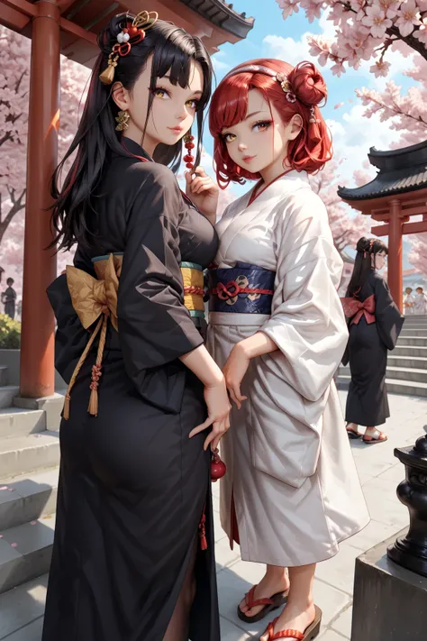 (( masterpiece,  rolled up )),2 girls, black  kimono,  black pantyhose, black Band,  black hair , Cherry blossoms, tag, Blume, Hair knot, hair Band,   Japanese clothes ,  kimono,  long hair,  looks at the viewer , Looks back,  several girls , Heart, outsid...