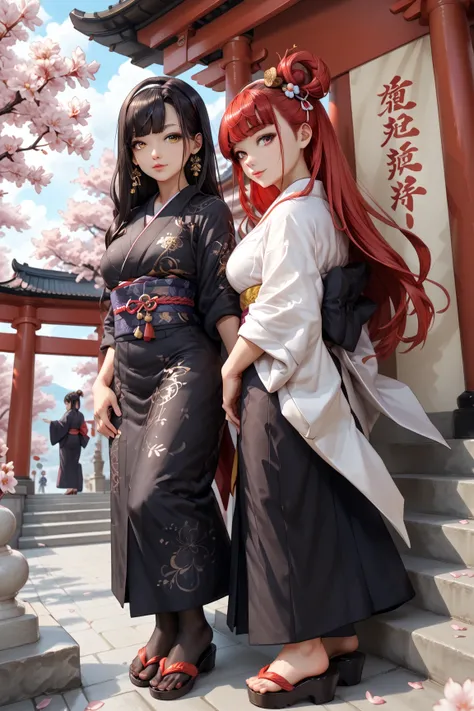 (( masterpiece,  rolled up )),2 girls, black  kimono,  black pantyhose, black Band,  black hair , Cherry blossoms, tag, Blume, Hair knot, hair Band,   Japanese clothes ,  kimono,  long hair,  looks at the viewer , Looks back,  several girls , Heart, outsid...