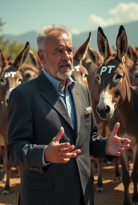 Create an image of President LULA of Brazil, dressed in an elegant suit, in an outdoor setting, surrounded by 300 donkeys. He is gesturing and talking to the animals, who seem attentive and engaged in the dialogue. The scene conveys a tone of debate and cu...