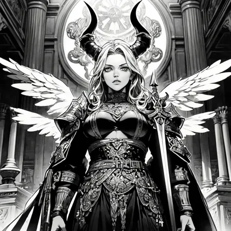  Warrior character Angelus from the comic series The Darkness by TopCow , An angel with long , curly,  silver hair ,  halos on his head ,  Horns on her forehead ,  white eyes ,  plump lips,  round face,  facing the other side ,  lush wings scattered across...