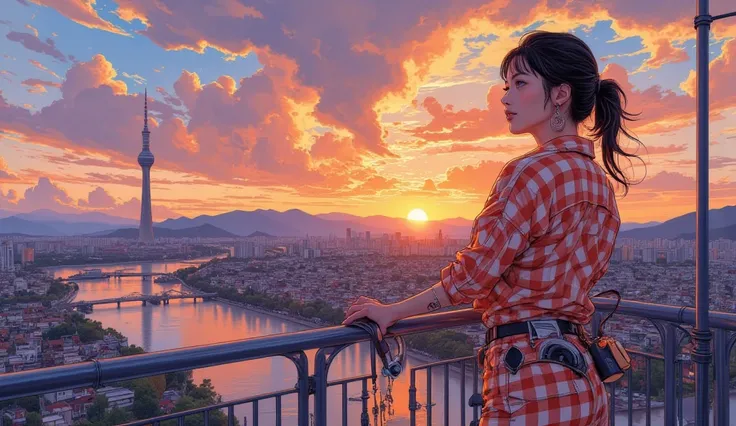 epic graphics 16K, masterpiece, best composition, The quality is very detailed, artwork, a glamorous and sexy woman in a checkered shirt and shorts, a big smile, Holding a small camer, a Han River in Seoul, Korea, Sun rising next to Namsan n Tower, a great...