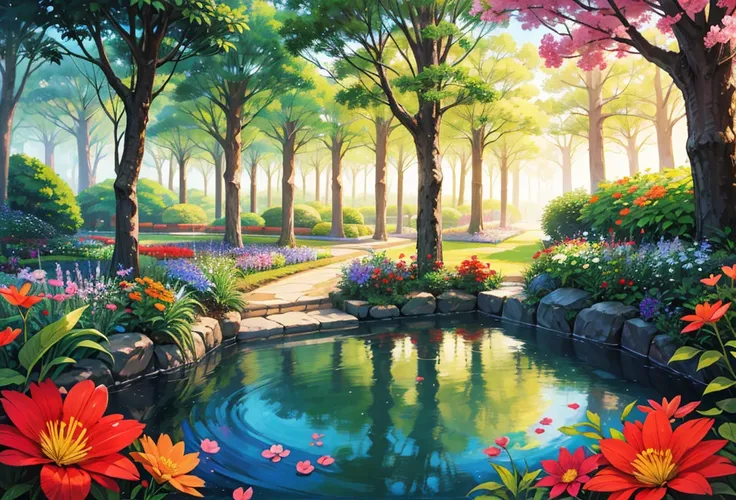 Fantastic, beautiful, bright colors, bright light, flower garden, glowing, beautiful atmosphere, wonderful, painting style, baptism, no one, nothing, uninhabited, land of Canaan, Garden of Ede, Japanese style, cross