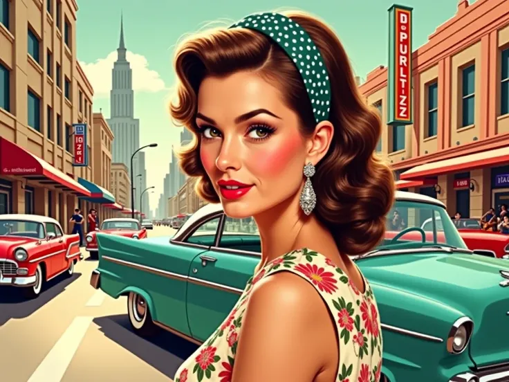 A glamorous 1950s-inspired illustration of a beautiful woman with wavy hair and a polka-dot headband, wearing elegant jewelry and a floral dress. Set her in a vibrant mid-century scene, surrounded by classic cars in bold colors like teal, red, and cream. U...