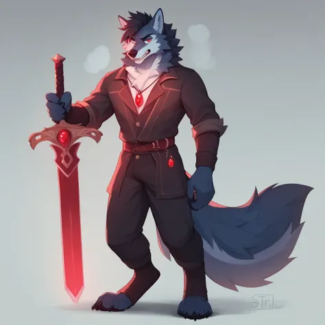 RPG character avatar. Full-body. Single character. Cartoon stye.Anthropomorphic male wolf. Full-body character. Wolf-like snout and nose. Entire body covered in wolf-like fur. Mohawk-style hair, with one eye partially covered by bangs. Hair color is vibran...