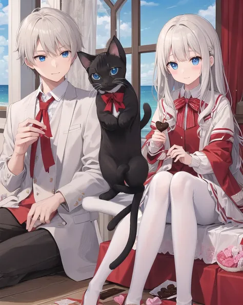  male、Kaida Haru、Alone、beige-gray hair、Cat hair、stupid hair、 Sky Blue Eyes、 valentine、sweet、 heart、 Chocolates、red cute suit、 red ribbon、垂れた Chocolates、Light color