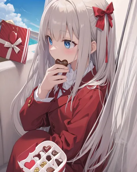  male、Kaida Haru、Alone、beige-gray hair、Cat hair、stupid hair、 Sky Blue Eyes、 valentine、sweet、 heart、 Chocolates、red cute suit、 red ribbon、垂れた Chocolates、Light color