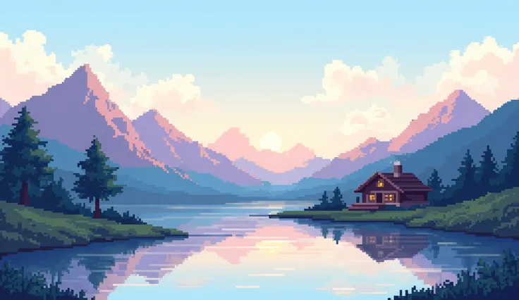    Create a serene and pixelated art style image landscape   .    The scene must include a soft, soft sky at dusk or dawn   ,  Use blue  , Pink and orange. background,    Hills or slightly blurred mountains add depth to the image  . In the foreground,  Sof...