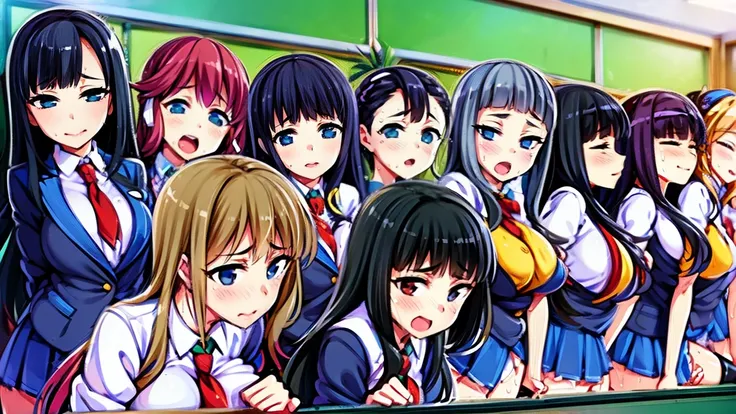 classroom background, many girls, multiple girls, girls audience, harem, the same school uniforms, standing by the wall, open mouth, stick out tongue, sexual ecstasy smile, full face, blush, fucked silly, vulgarity, adult face, fearless face, ultra high re...