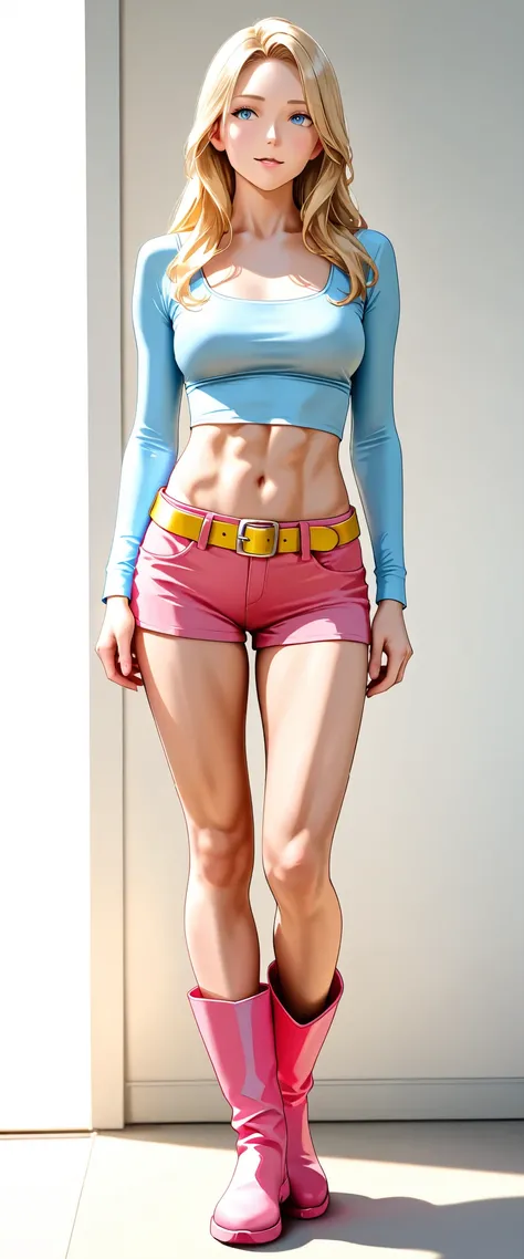 1girl, solo, Adult woman, long hair, blonde, beautiful face, blue eyes, toned body, medium chest, light blue crop top, tight, scoop neckline, long sleeves, navel hole, pink shorts with yellow belt, pink calf length boots, standing up straight, front view, ...