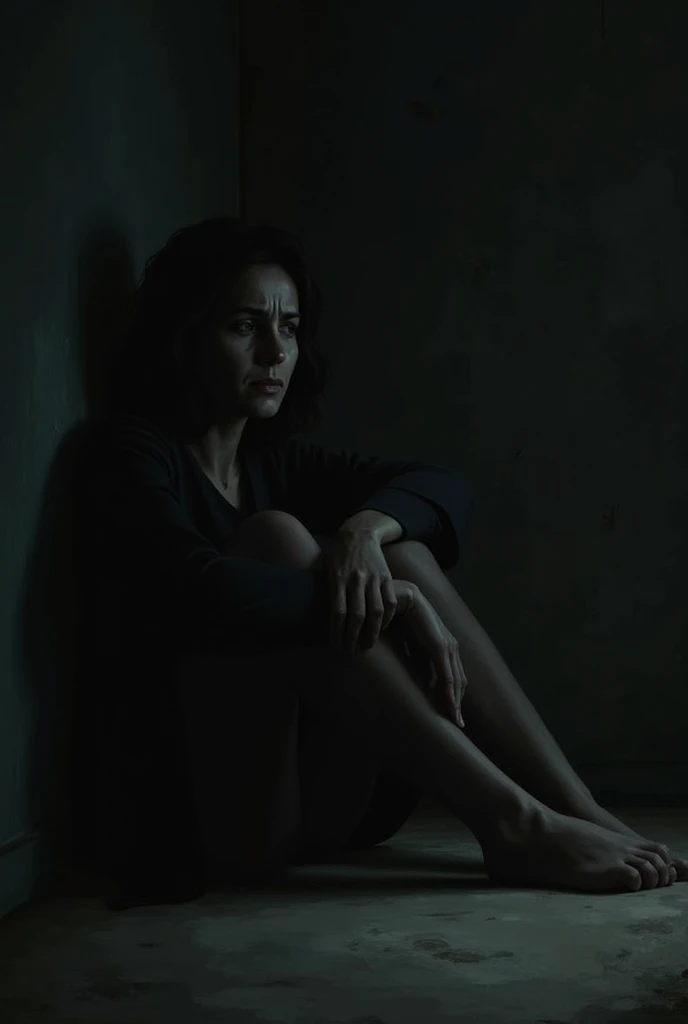 "A realistic digital painting of a person sitting alone in a dark room, looking sad and hopeless. Their face shows deep sorrow, and the atmosphere feels heavy. The lighting is dim, casting shadows that emphasize loneliness."