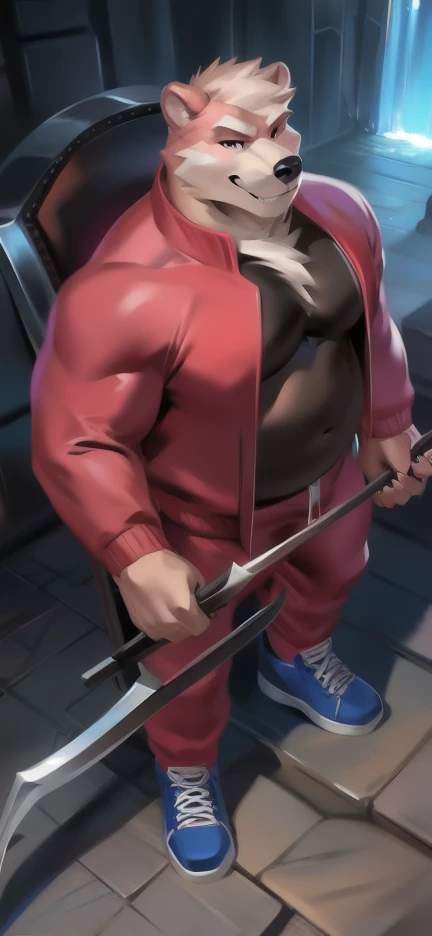 Solo, male Tall​ ,huge​ body​,​ Chair Ride ,underworld,Holding a sickle as a weapon to represent the Grim Reapers, pink bear​,ice pink Tracksuit soldier , Wear combat shoes, overweight, muscular, Smirking​ , by chunie