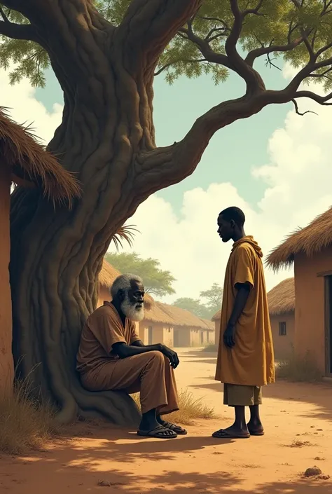 Dans un village africain,  An old black man sitting under a worried baobab tree and in front of him a young black man calling Label ,Newly arrived asking her the question what is going on here ,