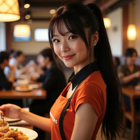 An elegant Japanese woman working as a server at Hooters, smiling and interacting with customers. She has long black hair tied in a neat ponytail, wearing a stylish yet Hooters uniform. The restaurant has a cozy, warm ambiance with wooden furniture and sof...