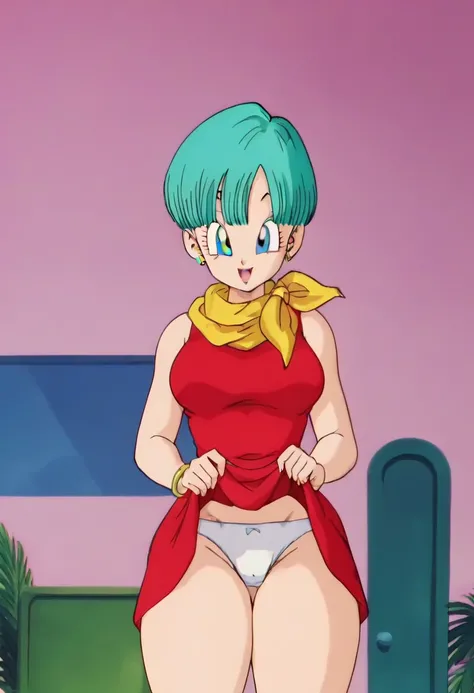 source_anime, score_9, score_8_up, score_7_up, anime screencap,
Buu saga, bulma, 1girl, solo, breasts, looking at viewer, smile, short hair, aqua hair, blue eyes, standing up, yellow scarf ,red dress, white panties,((skirt lift)), sexy, thick thighs, horny...