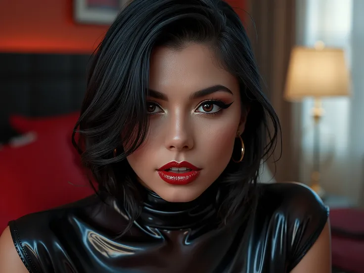 deep red lips, lip gloss, shiny lips, eyeliner flicks, thick eyeliner, latex outfit, cute makeup, black hair, bedroom