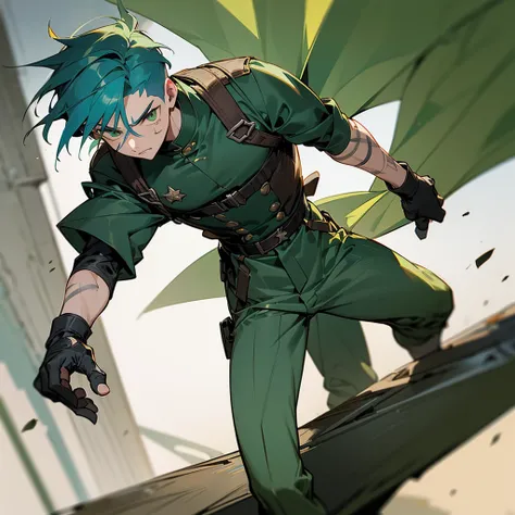 1male, adult, finely detailed green eyes, (wild short hair), two tone hair, blue hair, undercut, military combat clothing, baggy combat pants, serious expression, (perfect generation), standing on street, detailed background, gloves, scars, rolled up sleev...