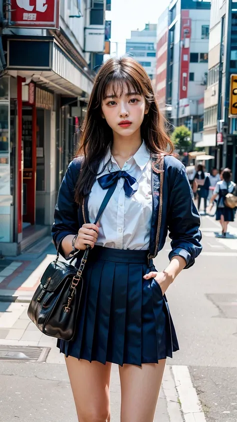 a beautiful 18 year old Japanese high school girl with perfect anatomy, healthy thighs, beautiful legs, beautiful skin, random hair color and style, large breasts, (wearing a Japanese schoolgirl uniform:1.3), (she is standing:1.2), penny loafers, holding a...