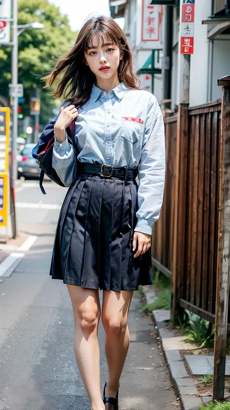 a beautiful 18 year old Japanese high school girl with perfect anatomy, healthy thighs, beautiful legs, beautiful skin, random hair color and style, large breasts, (wearing a Japanese schoolgirl uniform:1.3), (she is standing:1.2), penny loafers, holding a...