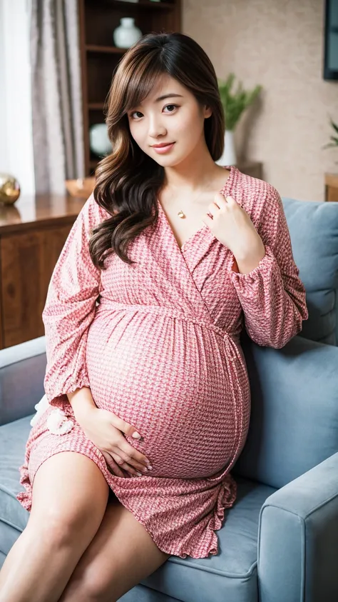 masterpiece, Best Quality, 8K,looking at the viewer,Japanese Lady,20 years old, huge pregnant, Voluptuous, crop top jacket , wrap dress, shoulder length hair, living room background, sitting 