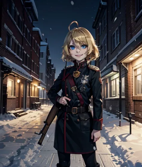 masterpiece, high resolution, sharp contrast, The Saga of Tanya the Evil,Solo Girl,graphic novel illustration, dystopian, full body, looking at the viewer,1girl, solo, cute girl, ,blonde hair, short hair, light blue eyes, (devilish smile,fangs:1.3),Closed ...