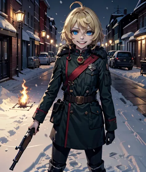 masterpiece, high resolution, sharp contrast, The Saga of Tanya the Evil,Solo Girl,graphic novel illustration, dystopian, full body, looking at the viewer,1girl, solo, cute girl, ,blonde hair, short hair, light blue eyes, (devilish smile,fangs:1.3),Closed ...