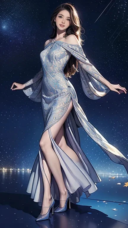 ((masterpiece)),((Best Quality))、(( perfect face))、 perfect body 、(Full Body Portrait)，( one woman),( silk gown and high heels:1.2),( wear a long dress with a colorful fractal pattern:1.3)、( model pose with legs spread )、night、wind、 starry sky 、moon、 profe...