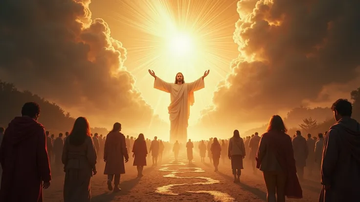 " A heavenly and inspiring scene that represents the divine call to salvation .  at the city centre,  a figure of light representing Jesus Christ ,  with open arms ,  inviting souls to truth and eternal life . around,  several people walking in different d...