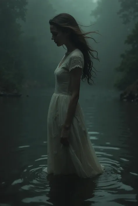 A solitary figure of a beautiful, lovely woman is depicted against a dark, indistinct background; her long hair flows as if under water. She wears a dress that suggests movement and grace, and her face is turned in profile. The place is shrouded in mystery...