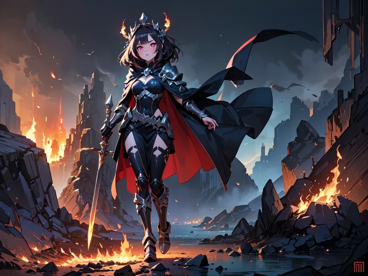 (((masterpiece, best quality, high detailed, 16k))) (1girl) A fierce and regal goddess with long dark purple hair and glowing ember-like eyes. She wears an obsidian armor adorned with gemstones and intricate underworld symbols. In one hand, she holds a fla...